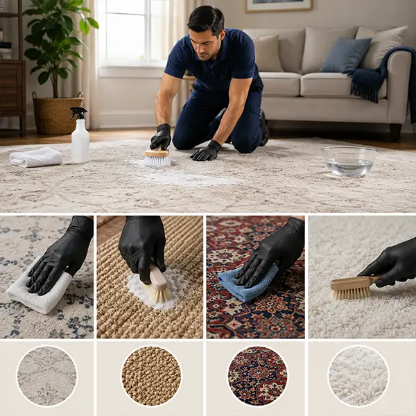 Cleaner safely cleaning different rug types in a modern living room