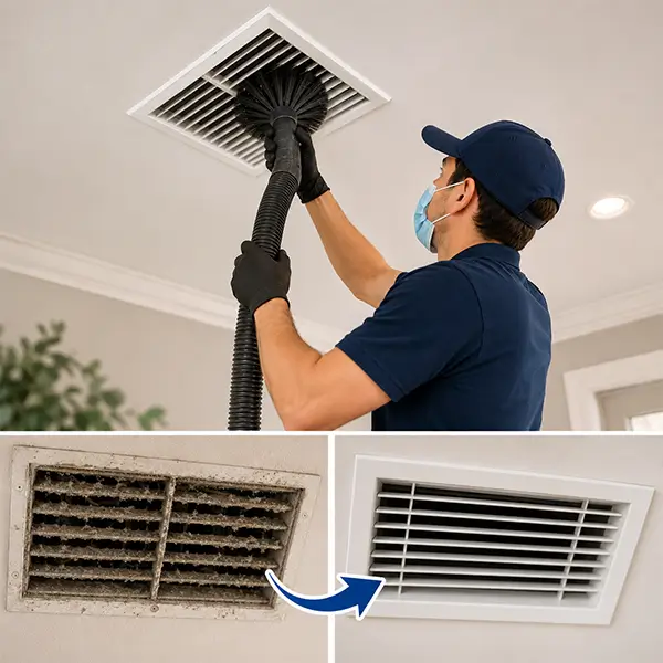 Professional cleaner deep cleaning air vents in a modern home with close-up cleaning process details.