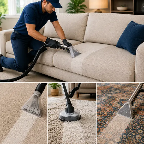 Professional cleaner deep cleaning sofa upholstery and rug surfaces in a modern living room with close-up cleaning process details.