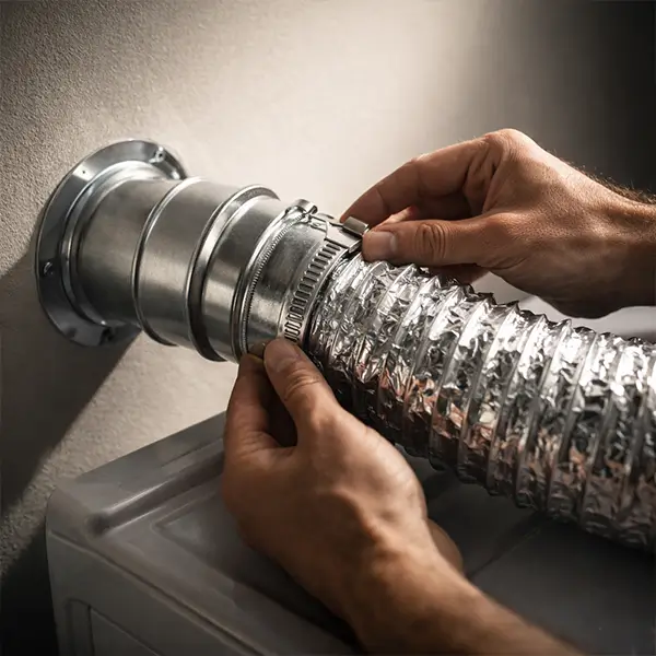 Professional cleaner deep cleaning dryer vents in a modern home with close-up cleaning process details.