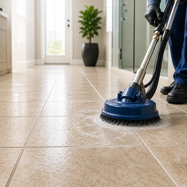 Professional cleaner deep cleaning tile and grout surfaces in a modern bathroom with close-up cleaning process details.