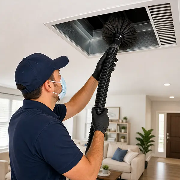 Professional cleaner removing stains from air ducts in a modern home.
