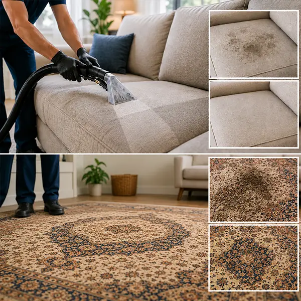 Professional cleaner removing stains from sofa upholstery and area rug in a modern living room.