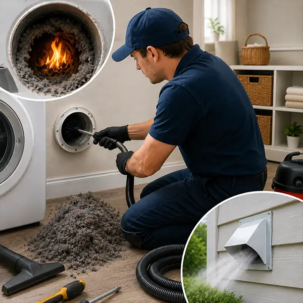 Professional cleaner removing stains from dryer vents in a modern home.