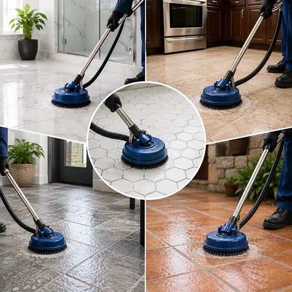 Professional cleaner removing stains from tile and grout surfaces in a modern bathroom.