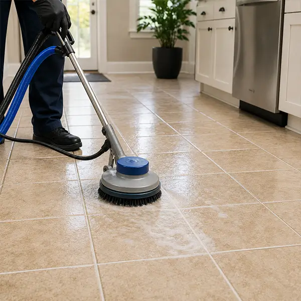 Professional tile and grout cleaning service on beige kitchen floor tiles in a modern home.