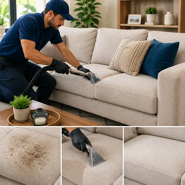 Professional cleaner deep cleaning a beige sofa in a modern living room with before-and-after upholstery cleaning details.